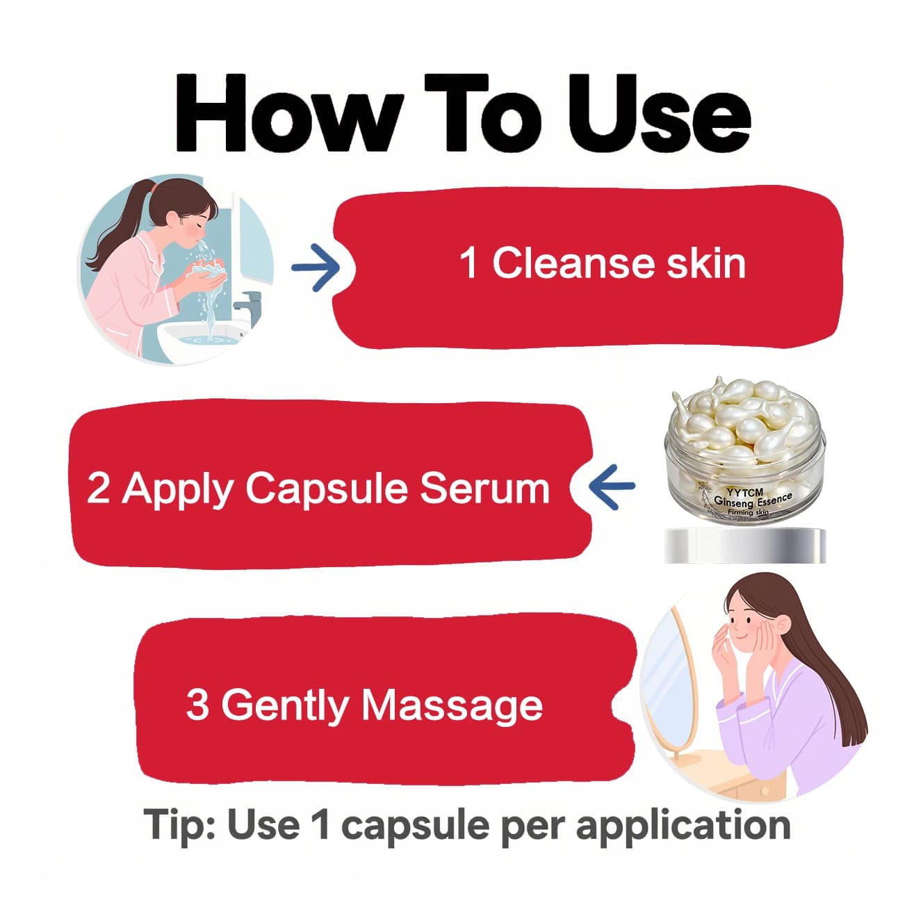 Capsules d'essence de ginseng, essence hydratante et raffermissante, contient du squalane, de la niacinamide, de la vitamine E, du rétinol, hydratation intense (0,34 g x 30 capsules)/flacon - 1 flacon