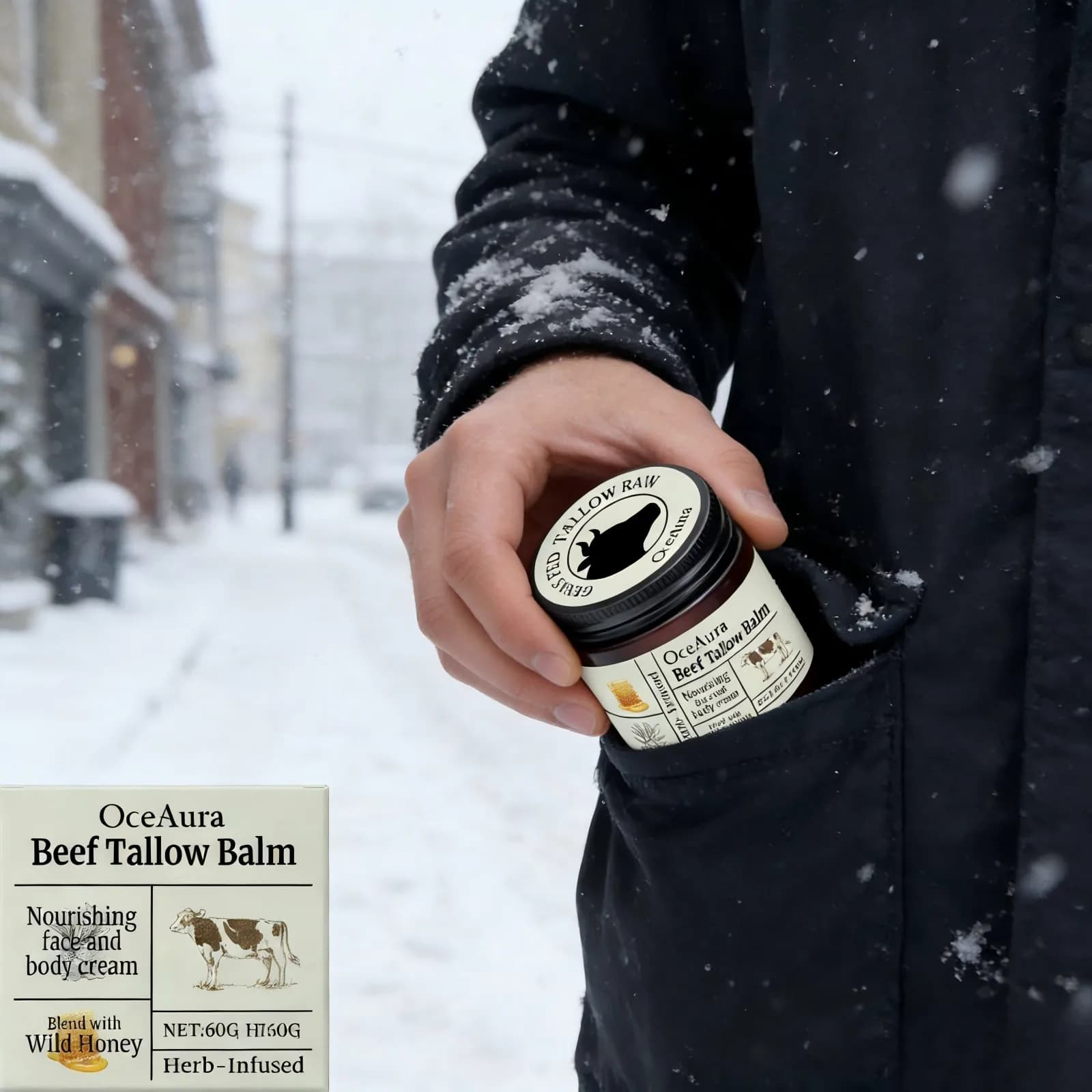 Baume au suif de bœuf et au miel OceAura – Soin réparateur de la barrière cutanée, hydratant corporel anti-gerçures, crème nourrissante pour le visage à l'huile d'olive