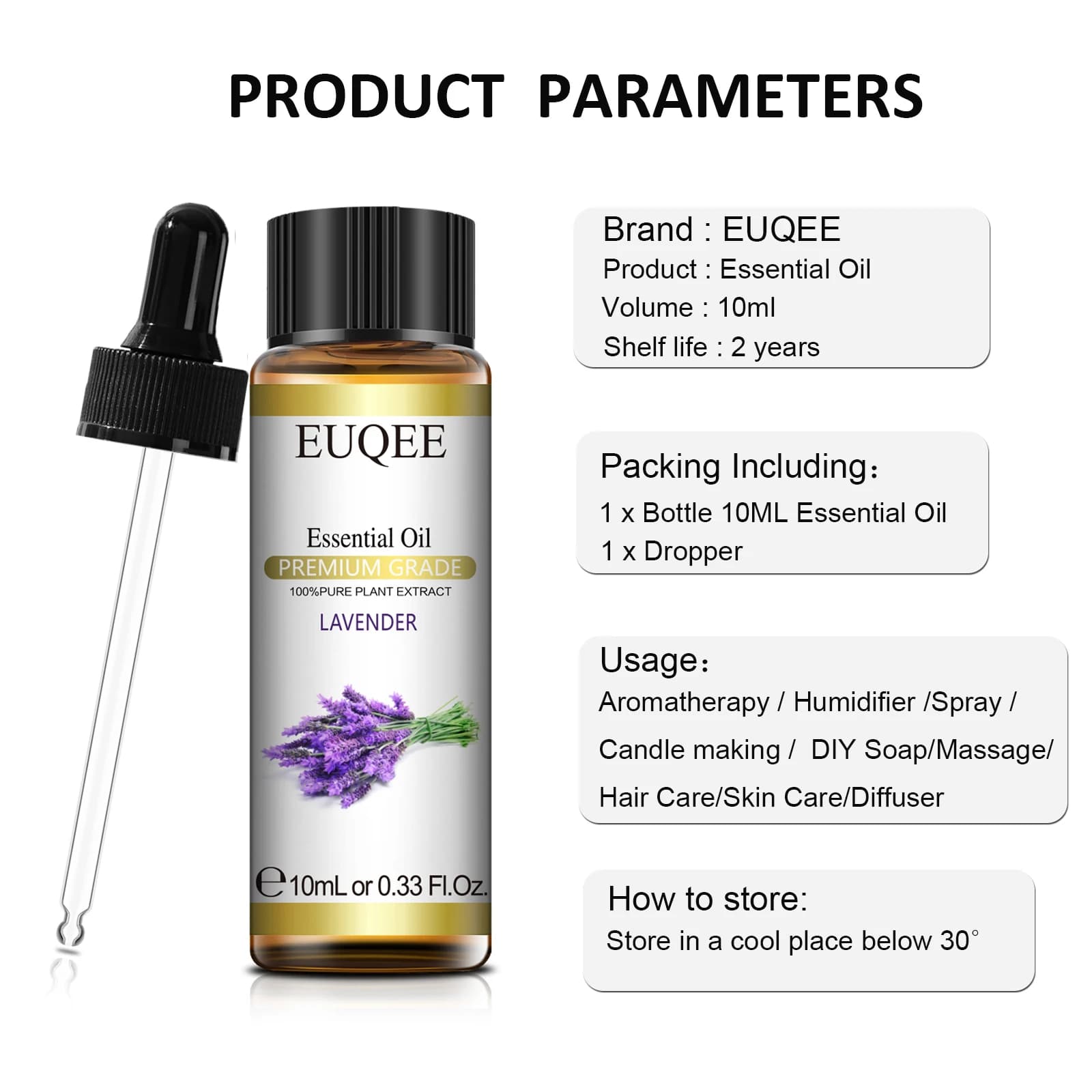 EUQEE 10ml avec compte-gouttes huile essentielle végétale naturelle pour diffuseur lavande menthe verte jasmin Eucalyptus Neroli huiles essentielles