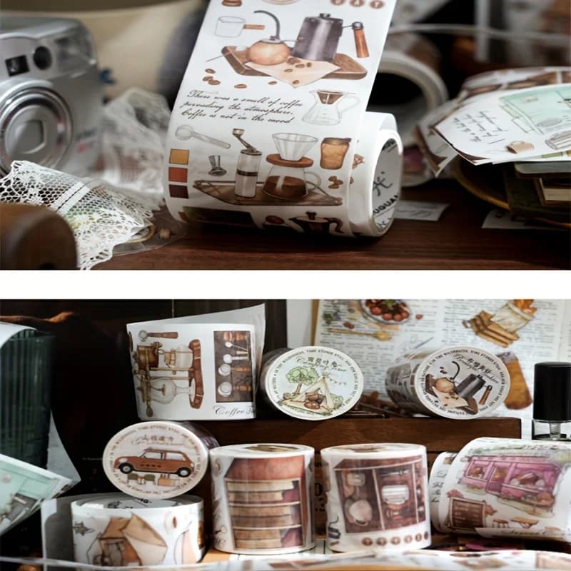 6Roll-up 5 cm × 200 cm, ensemble de rubans Washi sur le thème de la vie du café, avec motifs de la vie rurale – Parfait pour le scrapbooking, artisanat décoratif