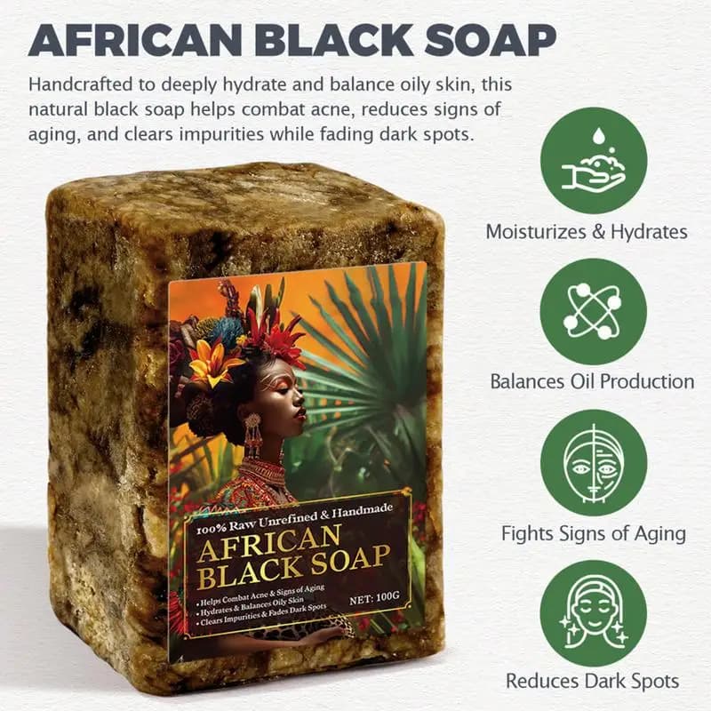 Savon noir africain nettoyage en profondeur exfoliant visage hydratant peau lissant visage corps savon savon nourrissant et revitalisant