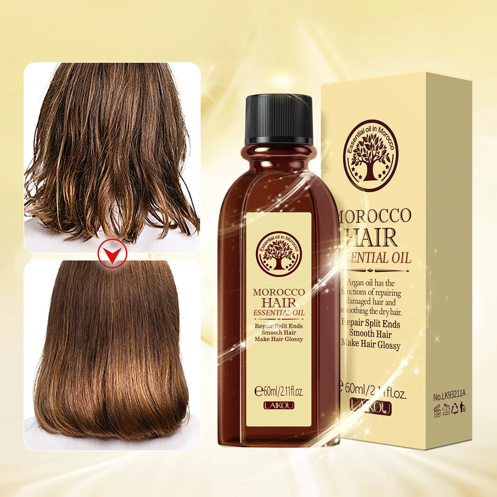 LAIKOU Maroc Huile d'Argan 1 + 1 Soin Capillaire Réparateur Sec Abîmés Traitement 60ml