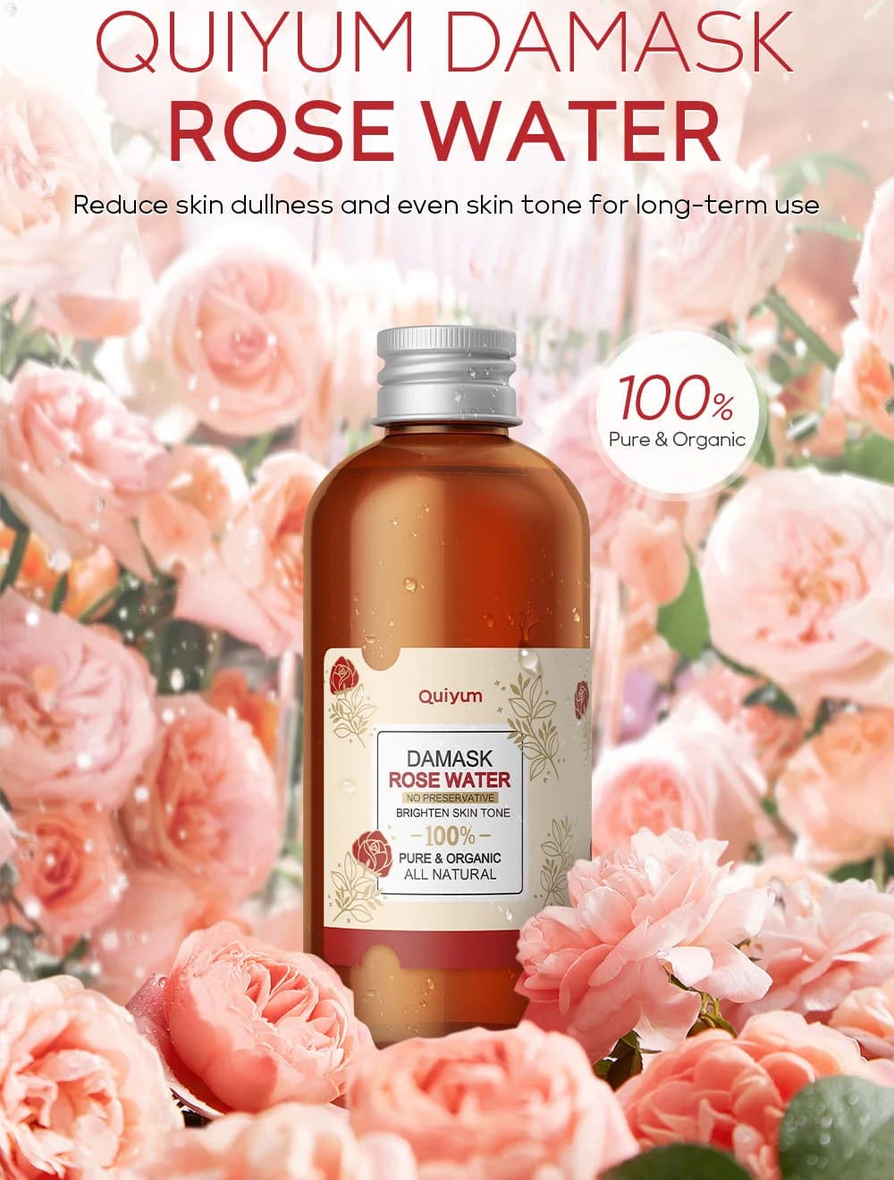Eau de Rose pour le visage, Toner pour le visage, Essence de pétales de Rose organiques, sérum hydratant, rafraîchit, élastique, rétrécit les Pores, soins pour la peau
