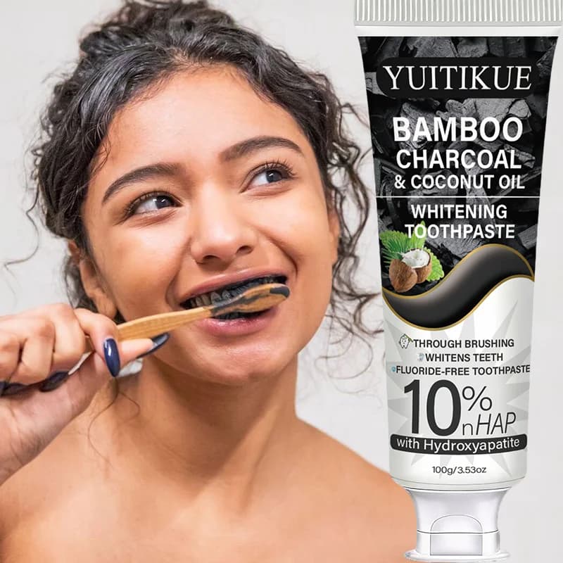 Dentifrice blanchissant au charbon de bambou et à l'huile de coco YUITIKUE | 10% nHAP Hydroxyapatite | Sans fluor 100g