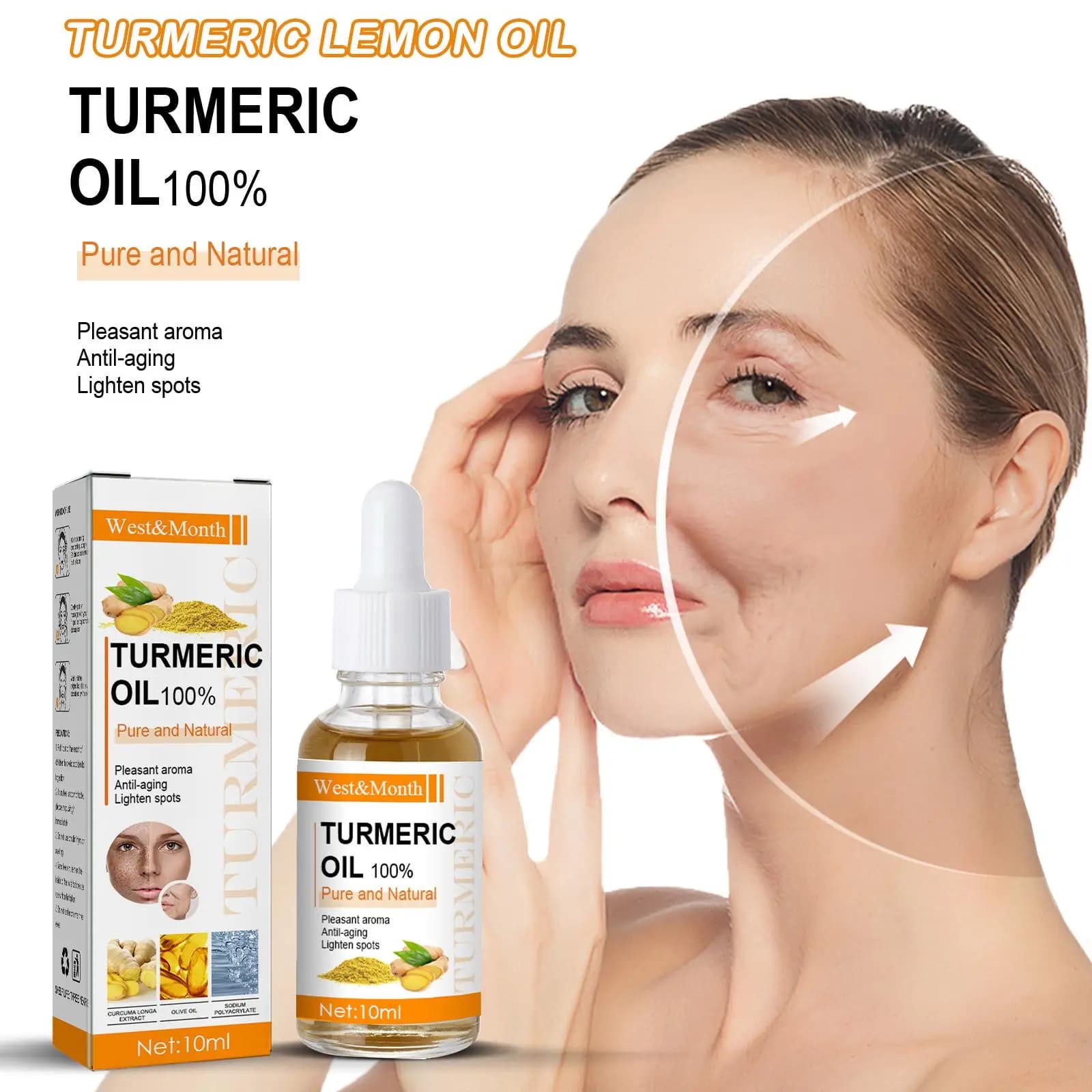 Huile de curcuma, lueur de la peau pour éclaircir l'acné, patchs foncés, correcteur de taches foncées, produit de sérum blanchissant pour le visage