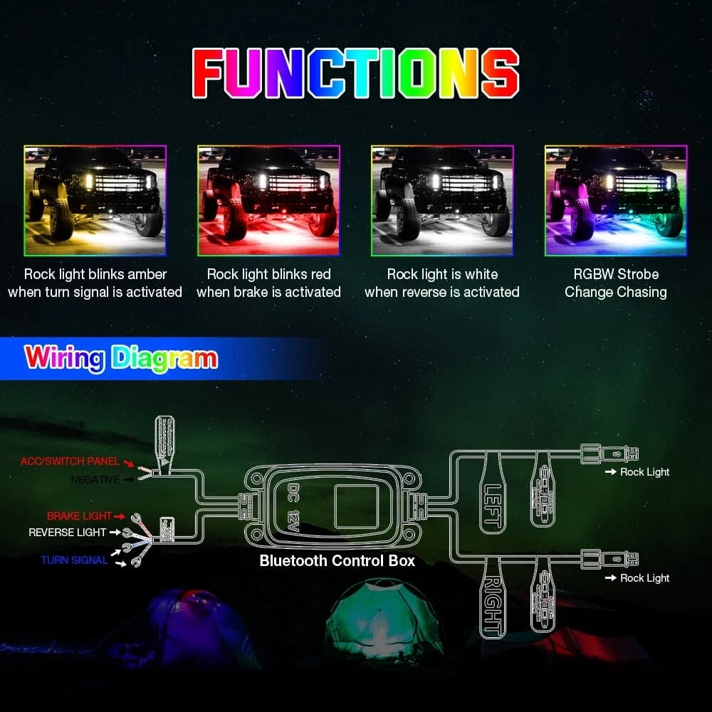4 dosettes plein Angle RGB LED Rock lumière APP contrôle musique néon voiture sous-éclairage châssis lumière pour camion tout-terrain SUV Rock lumières