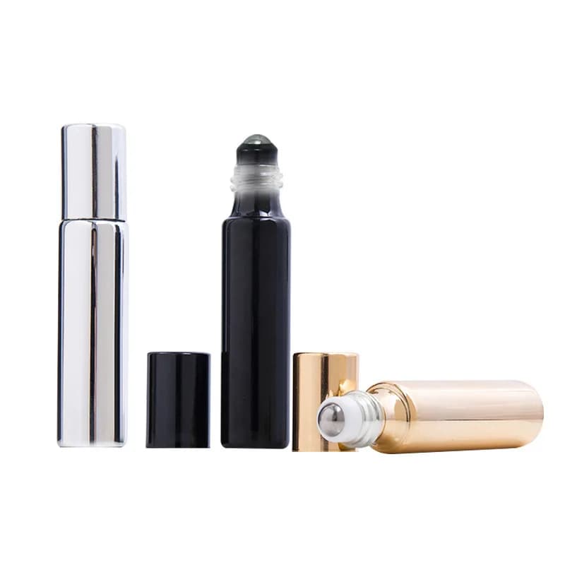 Bouteilles à roulettes d'huile essentielle en verre or/noir de 10ml, 200 pièces, avec boules à roulettes en métal, parfums rechargeables, baumes à lèvres, bouteilles à rouler