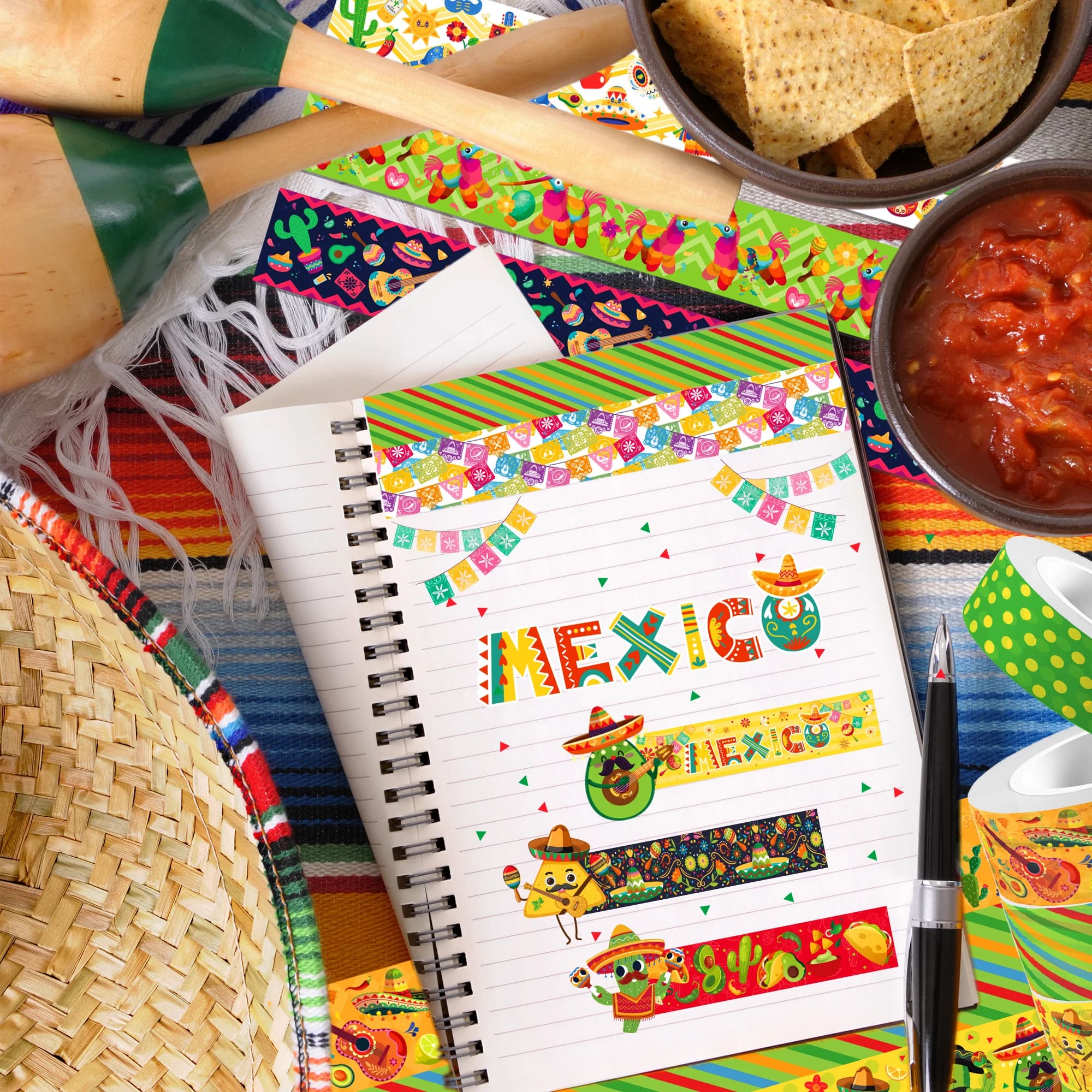 Ruban Washi de masquage de dessin animé mexicain, fournitures de scrapbooking, matériel de papeterie, autocollant de fête Cinco de Mayo, manuel, 12 rouleaux