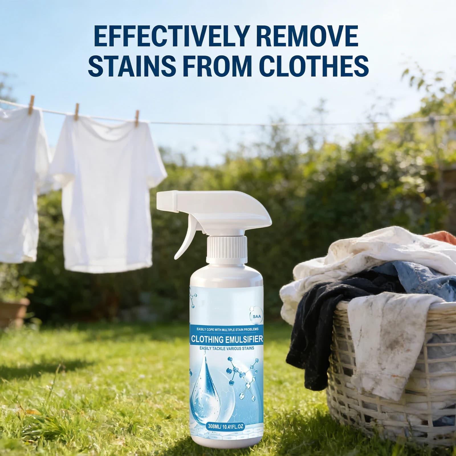 Spray émulsifiant détachant pour vêtements, élimination des taches d'huile, de graisse, de sang et de sueur sur les vêtements blancs, nettoyant tout usage 308ml
