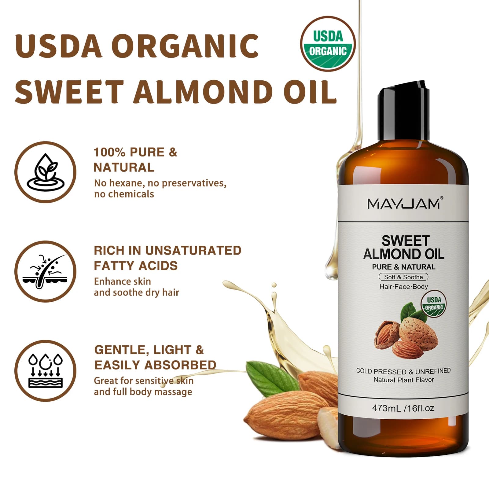Huile d'Argan Marocaine Pure et Naturelle MAYJAM pour Massage du Visage, des Cheveux et du Corps, Huile d'Amande Douce Pressée à Froid Certifiée USDA 473ml Huile pour le Visage