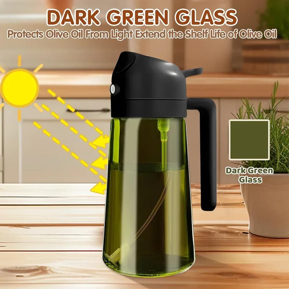 Pulvérisateur d'huile foncée 2 en 1, 470ML/16oz, bloquant la lumière, pour la cuisson, bouteille distributrice d'huile d'olive pour la cuisine, bouteille d'huile en verre vert foncé