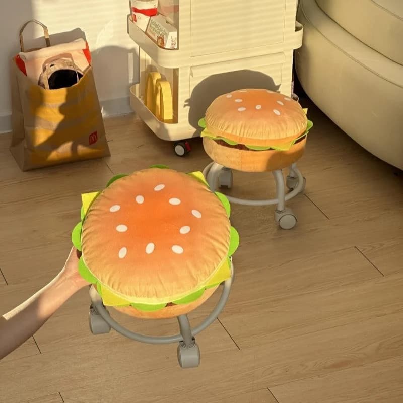 Tabouret roulant en forme de hamburger, chaise pivotante rembourrée et moelleuse avec roulettes, mobilier amusant pour enfants pour salon et chambre à coucher
