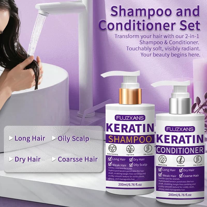 Ensemble Shampooing et Après-Shampooing à la Kératine, Traitement Professionnel Réparateur et Lissant pour Cheveux Secs et Abîmés, Anti-Frisottis, Hydratant, Cadeau