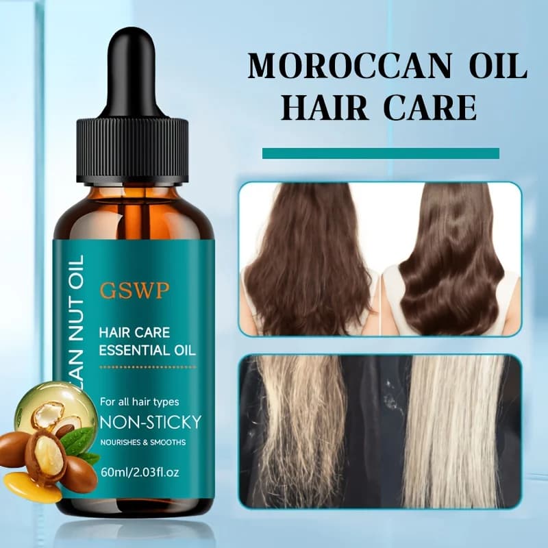Huile capillaire à l'huile d'argan GSWP, contrôle les frisottis, non grasse, renforce les cheveux, répare les pointes fourchues. Pour tous types de cheveux. 60/120 ml