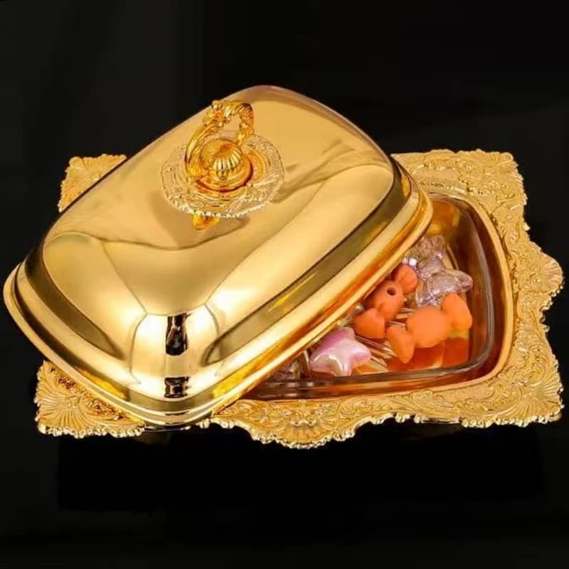 Plateau à fromage au beurre de fruits européens, avec couvercle, forme de Texture d'écorce en métal, assiette à gâteau dorée exquise, assiette à collation, décoration de mariage