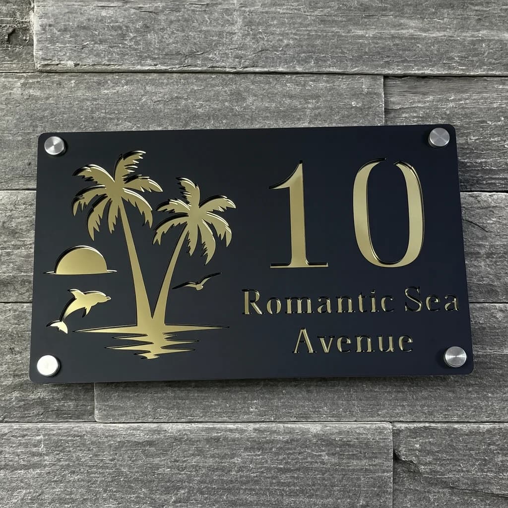 Panneau de numéro de maison en acrylique découpé au Laser personnalisé, palmier bord de mer, lever du soleil, pour plaque d'adresse extérieure, panneaux muraux, plaque nominative