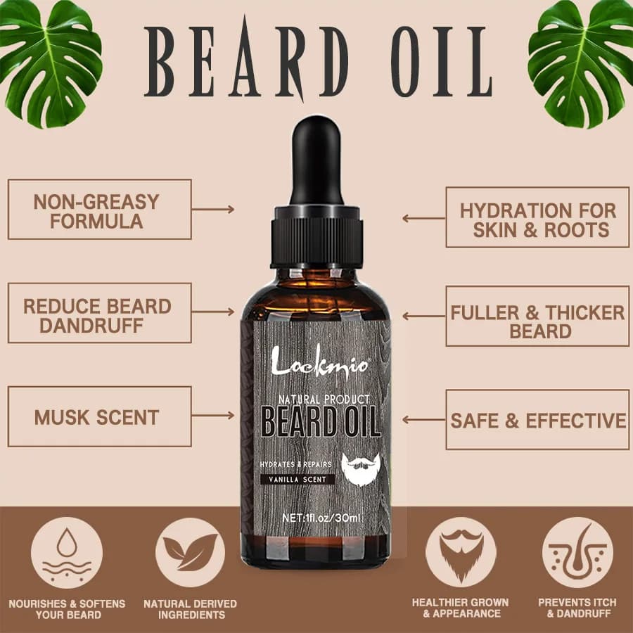 LOCKMIO huile de barbe naturelle pour hommes parfum vanille hydrate répare la croissance des racines de barbe soin coiffant plus épais