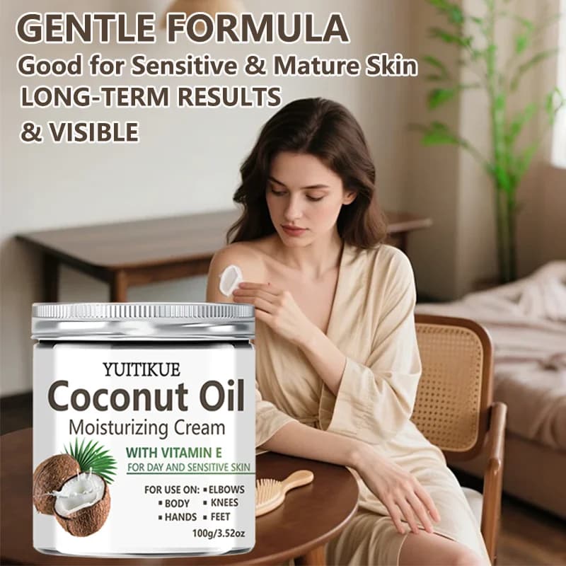 Crème hydratante à l'huile de coco YUITIKUE avec vitamine E | Pour la peau sensible et les journées de travail | Soins des coudes, des genoux, des mains et des pieds 100g