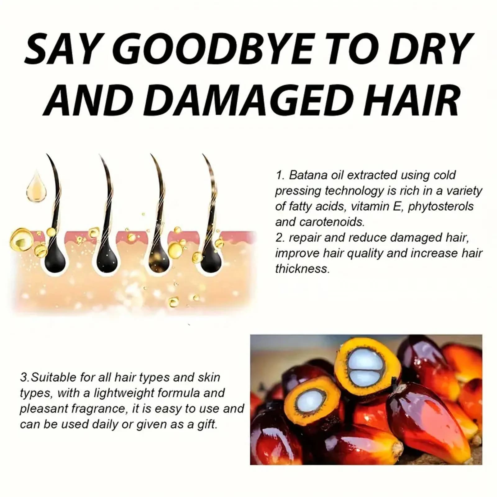 Nouveau Batana huile capillaire nourrissante renforcer réparation pointes fourchues dommages augmenter l'épaisseur des cheveux douceur huile essentielle pour cheveux denses