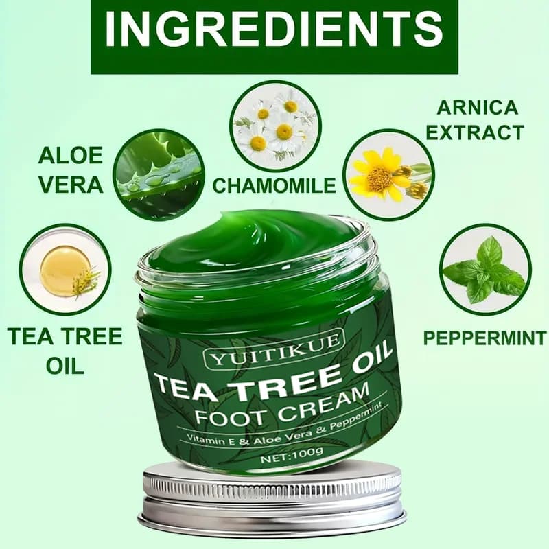 YUITIKUE Crème pour les pieds à l'huile d'arbre à thé 100g - Hydratant multi-usage pour pieds, mains, genoux et coudes, Soin doux avec vitamine E et aloès