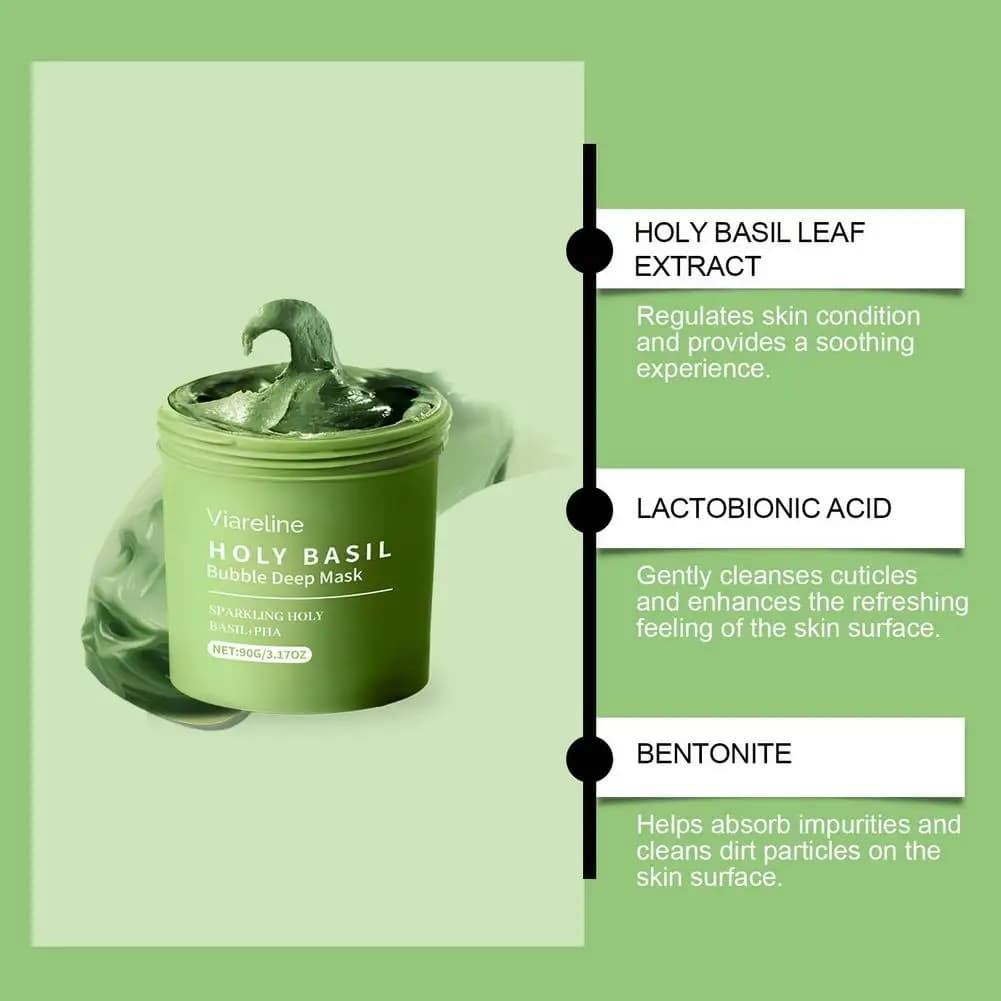 Masque facial à bulles de basilic sacré, nettoyage en profondeur et exfoliation, élimine les points noirs, resserre les pores, contrôle le sébum, soin hydratant pour la peau 90g