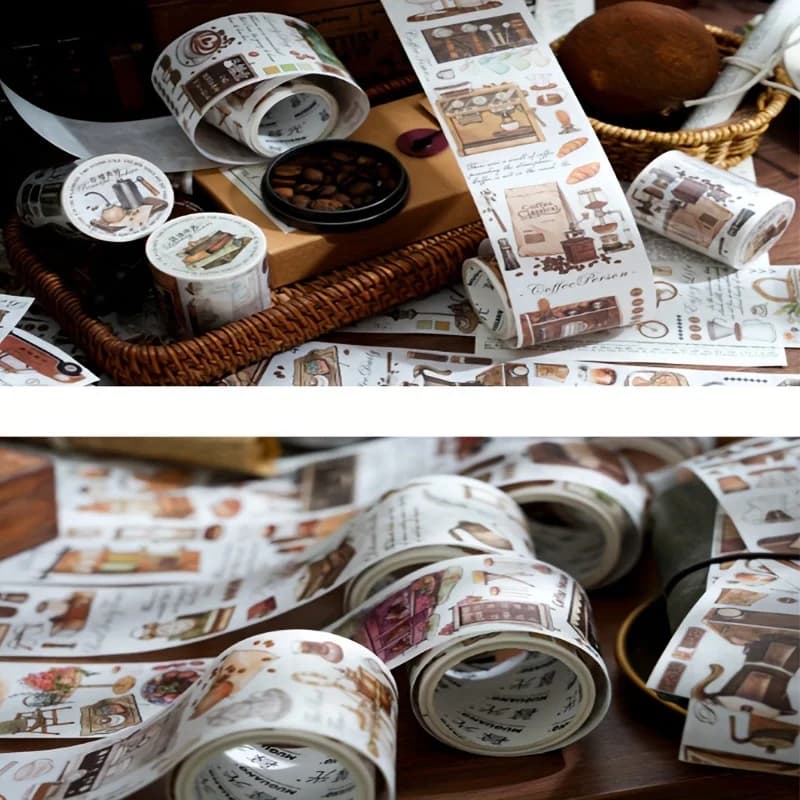 6Roll-up 5 cm × 200 cm, ensemble de rubans Washi sur le thème de la vie du café, avec motifs de la vie rurale – Parfait pour le scrapbooking, artisanat décoratif