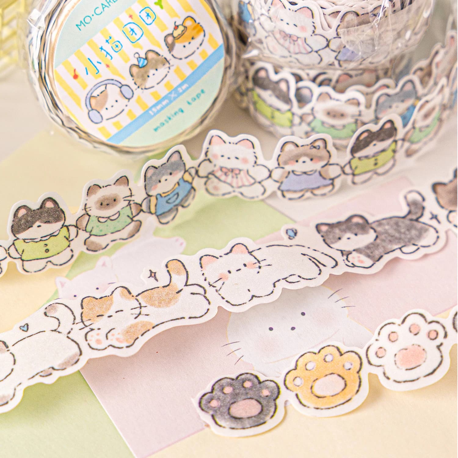 Ruban adhésif décoratif chat mignon de 2m/rouleau pour scrapbooking, fond de page, album, enveloppe, journal, marqueur, papeterie, autocollants