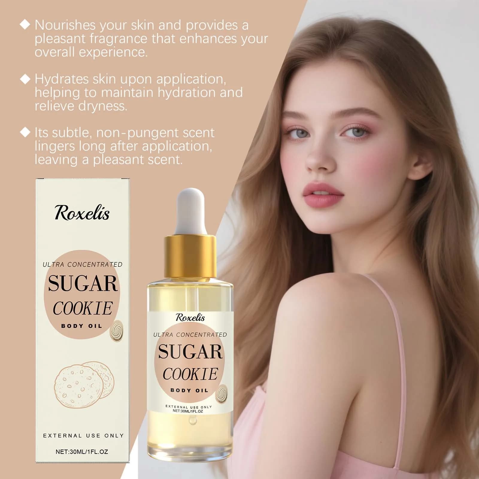 Huile Corporelle Hydratante et Réparatrice Parfum Biscuit Sucré – Solution Peau Sèche – Luxe Longue Durée – Célébration Glamour