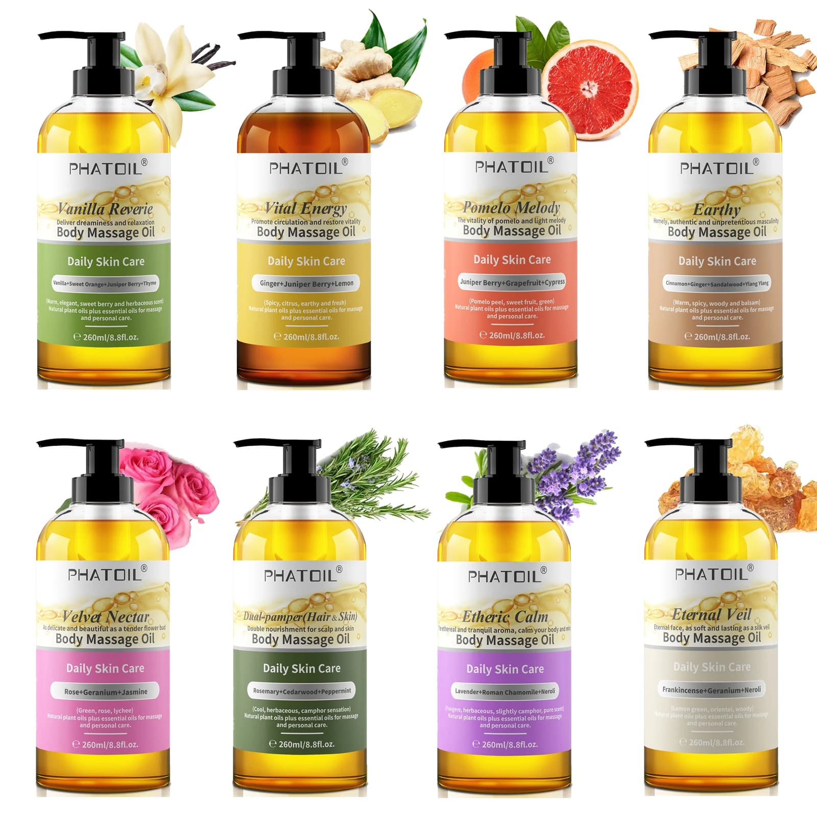 PHATOIL 260ml huile corporelle-huile de Massage hydratante et apaisante avec parfum longue durée huiles pour le corps vanille gingembre romarin