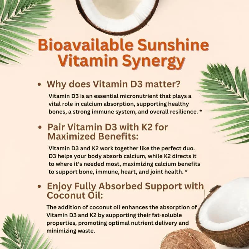  Vitamine D3 10000 UI Plus K2 | Complexe de vitamines D et K 2 en 1 | Soutient l'absorption du calcium, la santé des os, du système immunitaire et du cœur, 30 pièces