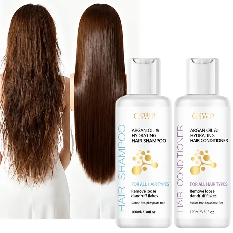 Ensemble shampoing et après-shampoing hydratant à l'huile d'argan GSWP. Hydratation intense