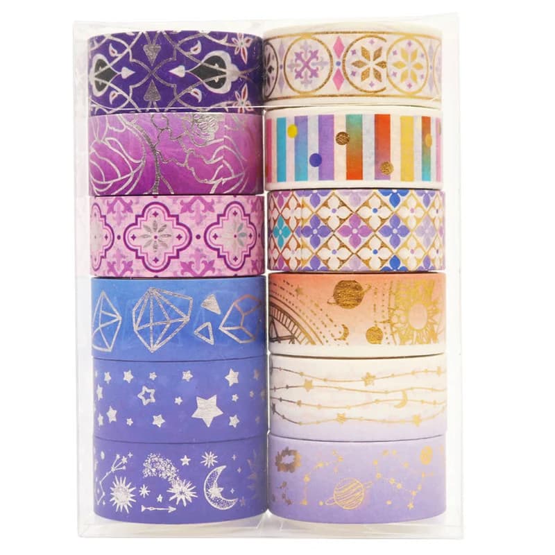 Ensemble de rubans Washi en feuille d'or étoile violette, 12 rouleaux/ensemble, série Constellation, rubans de masquage Laser pour Scrapbooking, ensemble de papeterie de bricolage