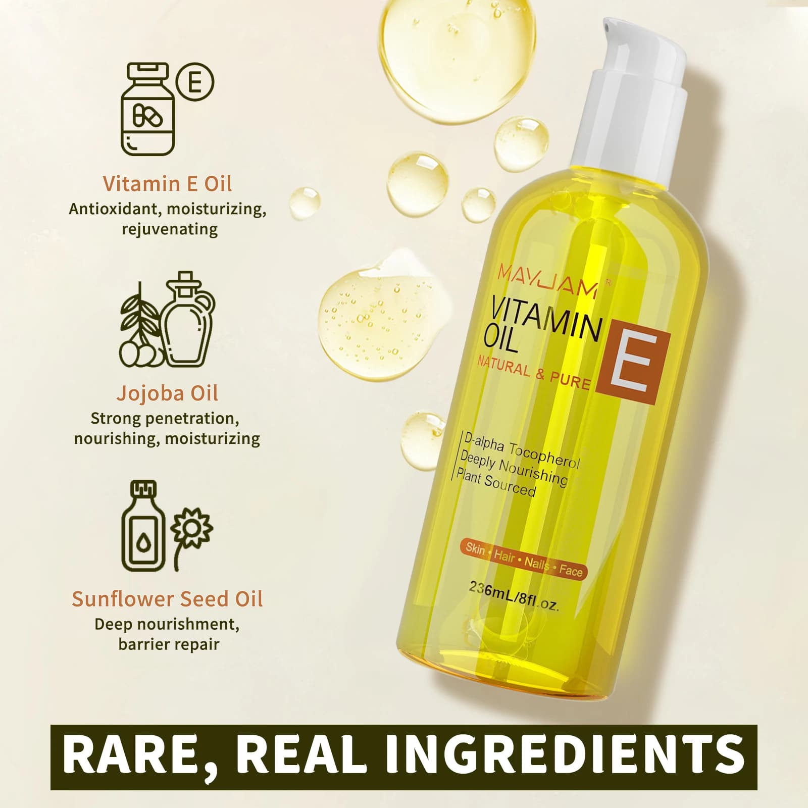 MAYJAM huile de vitamine E Pure et naturelle pour le visage corps cheveux hydratant et nourrissant d-alpha Tocopherol