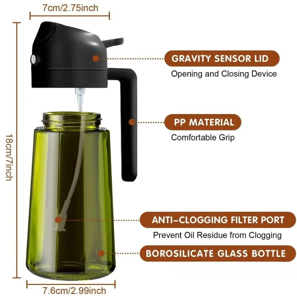 Bouteille distributrice d'huile d'olive 2 en 1 de 470ML, pulvérisateur d'huile foncée bloquant la lumière pour la cuisine, bouteille d'huile en verre vert foncé