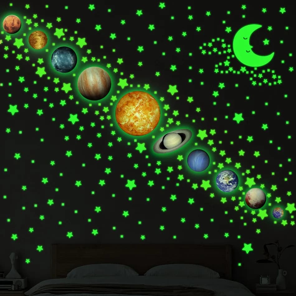 Autocollants muraux planètes qui brillent dans la nuit, sparadrap étoiles lumineuses pour chambre d'enfants, décoration murale auto-adhésive pour plafond de pièce, DIY bricolage