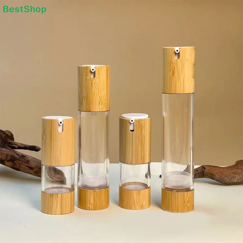 Bouteilles à pompe sans air en bambou et verre - Contenants de voyage rechargeables pour les soins de la peau et les cosmétiques