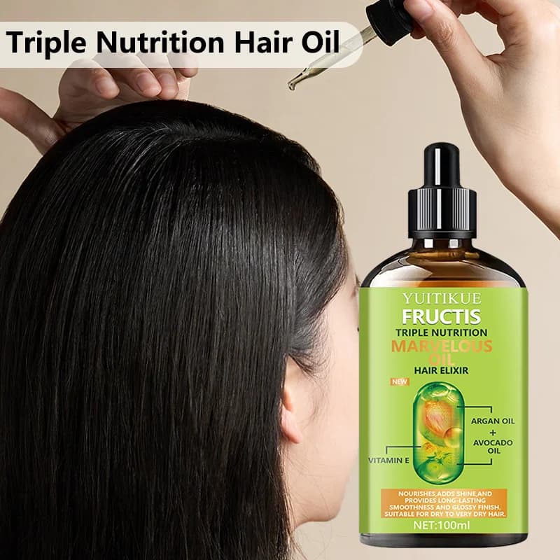 Huile capillaire YUITIKUE Fructis Triple Nutrition | Argan, avocat et vitamine E, lisse et brillant pour tous types de cheveux 100ml