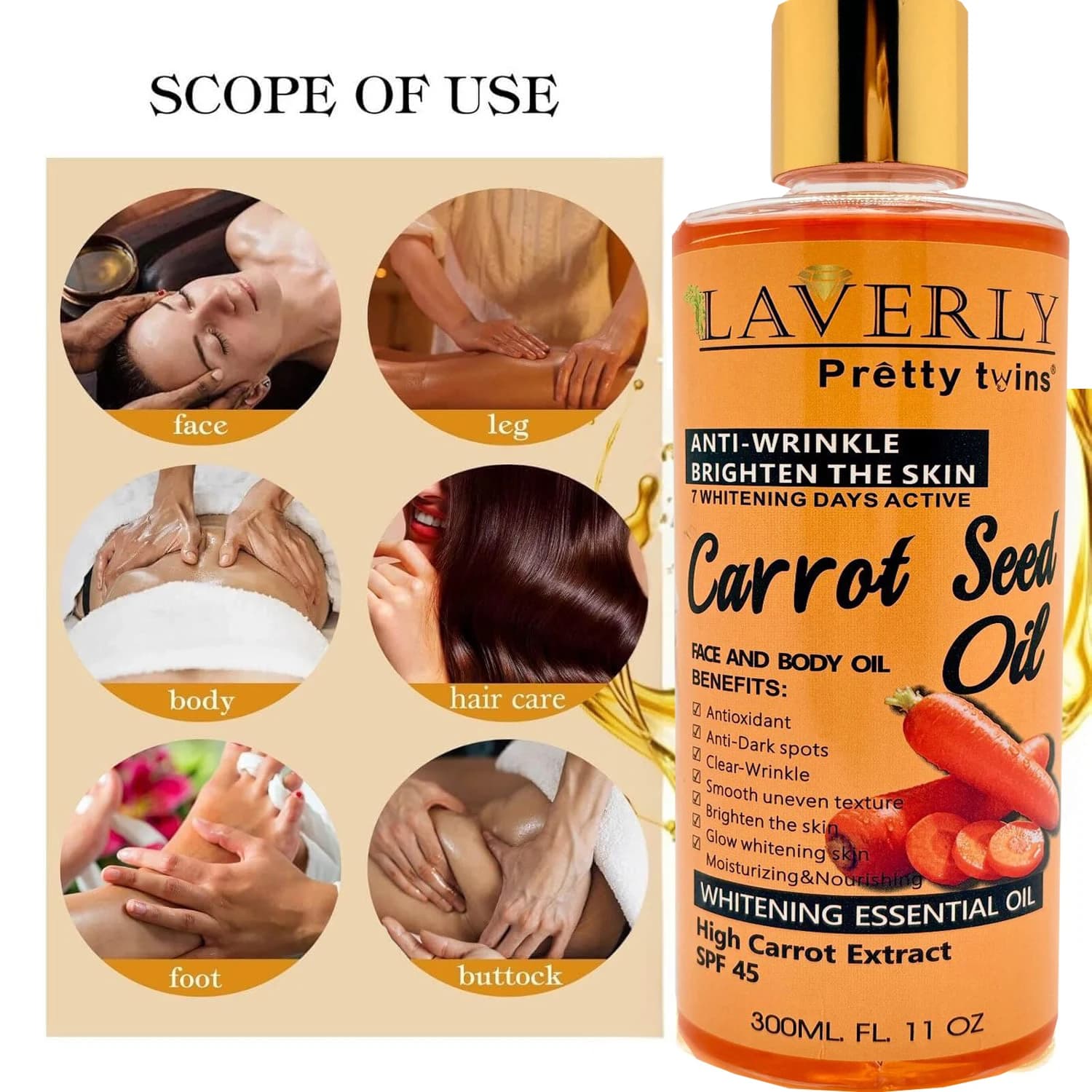 Huile corporelle hydratante à la carotte et au b-carotène 300 ml – Huile essentielle unisexe pour le corps, le visage et les mains