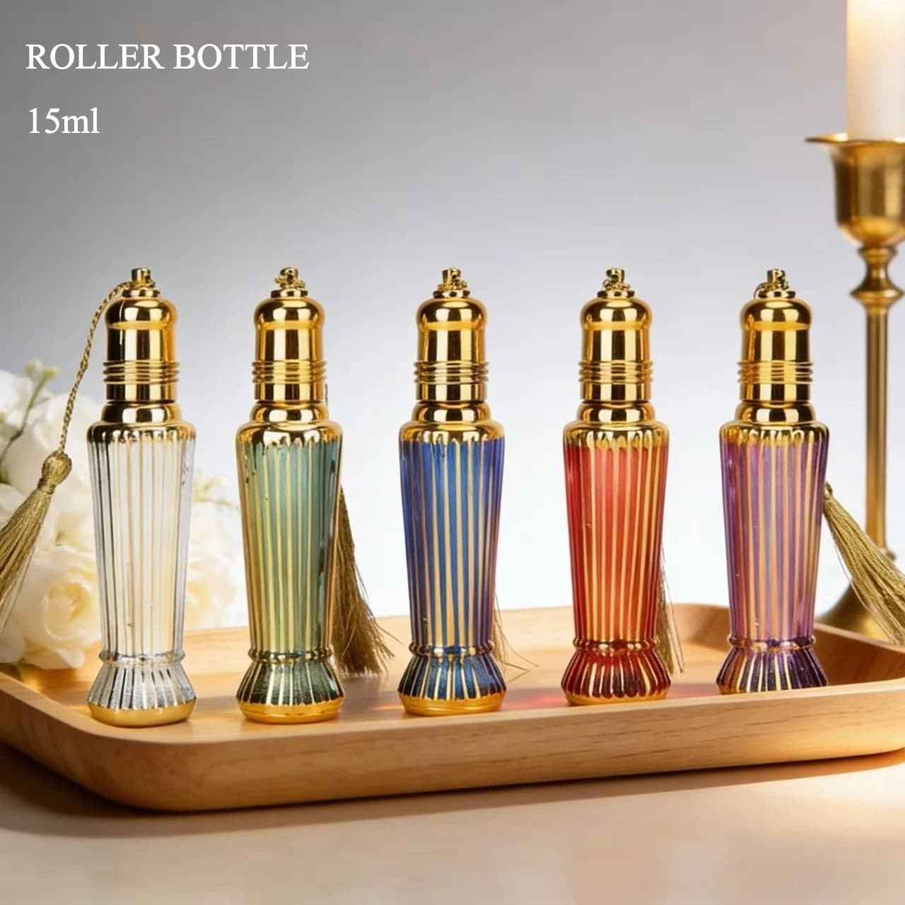 1 flacon roll-on en verre plaqué or de 15 ml avec bouchon à pompon, flacon de parfum portable de luxe pour sac à main et voyage, couleur aléatoire
