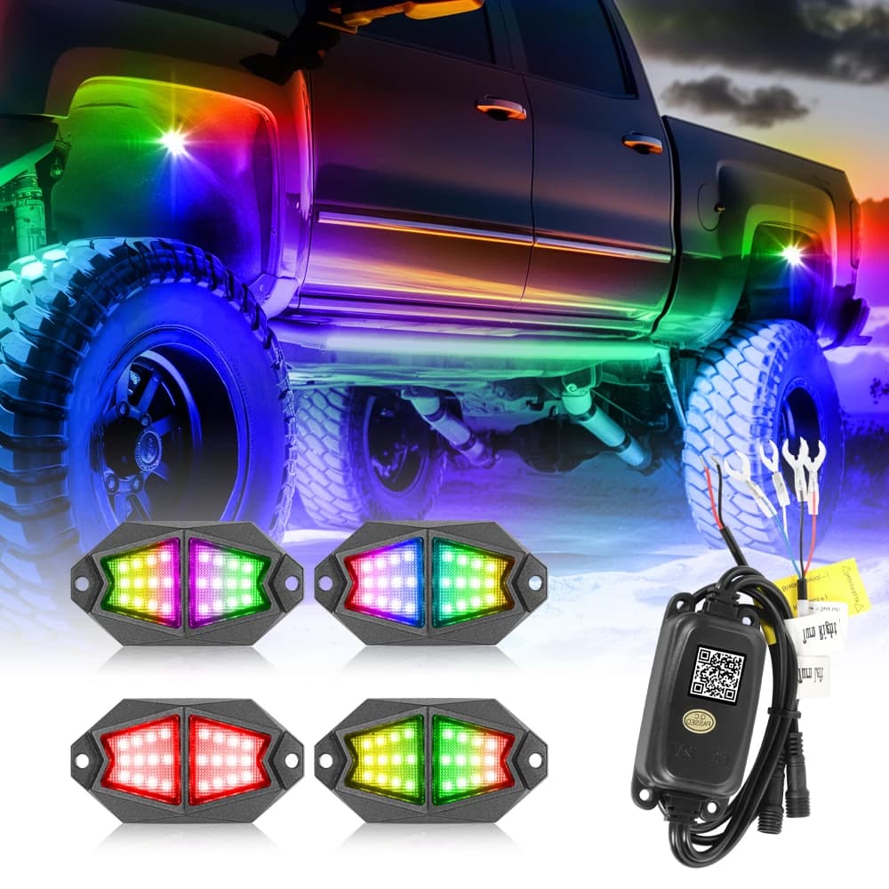 4 dosettes plein Angle RGB LED Rock lumière APP contrôle musique néon voiture sous-éclairage châssis lumière pour camion tout-terrain SUV Rock lumières