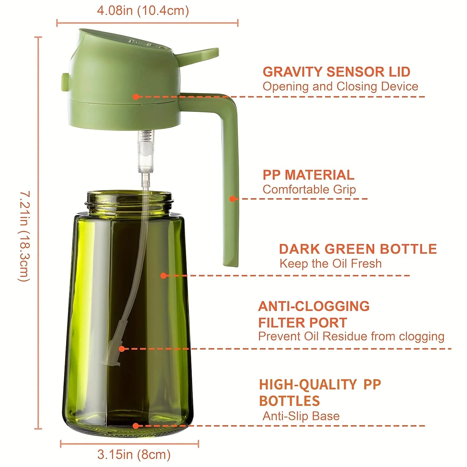 Distributeur et pulvérisateur d'huile d'olive 2 en 1, bouteille vert foncé de 16oz/470ml, plastique Durable avec 6 autocollants, Gadget de cuisine, 1 pièce