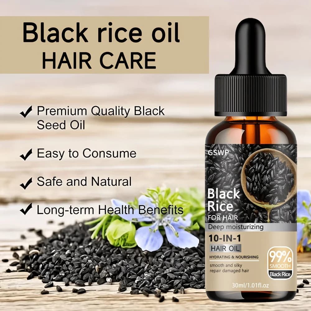 Huile capillaire 10-en-1 au riz noir, huile nourrissante pour cheveux, réparation en profondeur des pointes fourchues, huile essentielle sans rinçage. 60/120ml