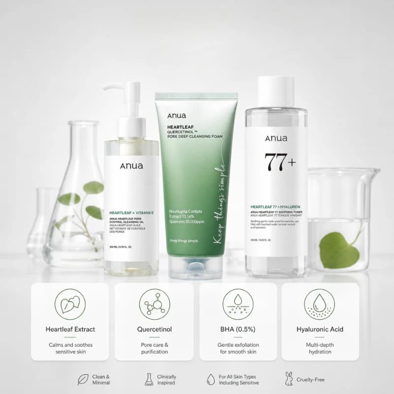 Ensemble de produits coréens : Mousse nettoyante en profondeur Heartleaf, Tonique apaisant anti-acné 77 et Huile démaquillante hydratante et régulatrice de sébum pour le visage