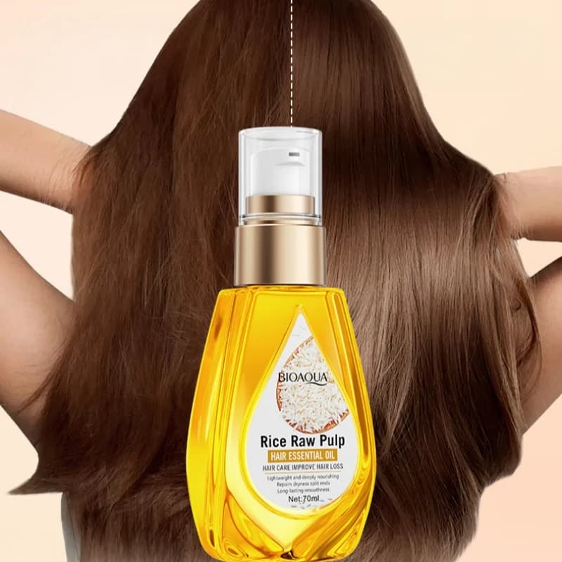 Huile Essentielle pour Cheveux à la Pulpe de Riz 70ml, Texture Fraîche, Facile à Absorber, Non Grasse, Nourrit Profondément les Cheveux, Rend les Cheveux Doux et Lisses, Facile à Peigner. Pas peiné qu