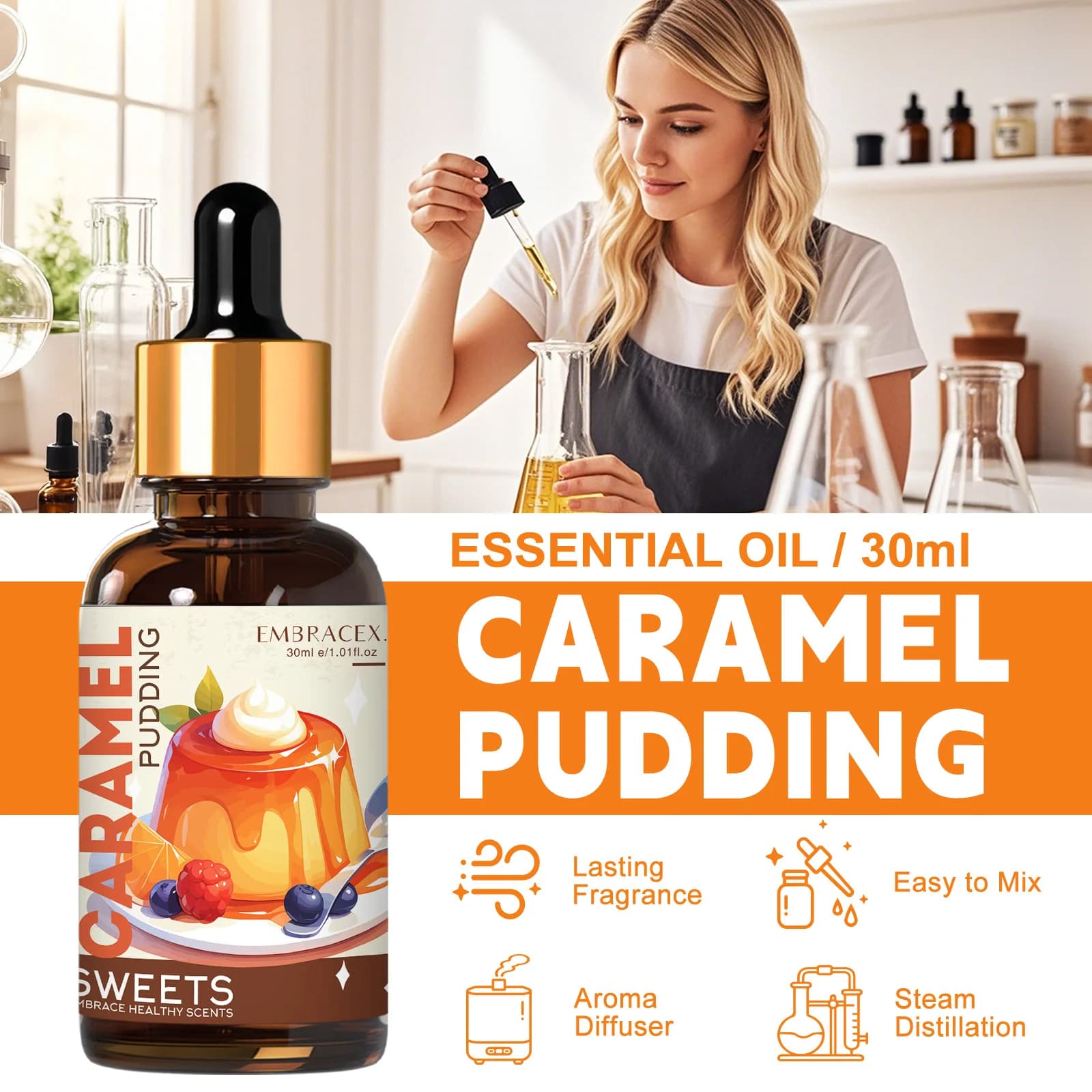 Huile essentielle de pudding au caramel, 30ml, parfum alimentaire, désodorisant pour voiture, pour diffuseurs, cadeau pour amis, aromathérapie