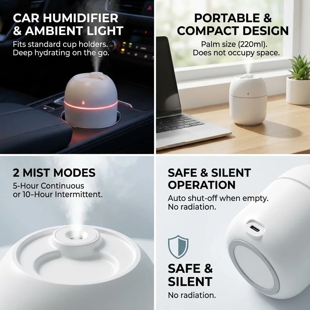 Humidificateur d'air portable USB ultrasonique 220 ml, diffuseur d'huiles essentielles, purificateur d'air pour voiture, aromathérapie, générateur de brume anionique