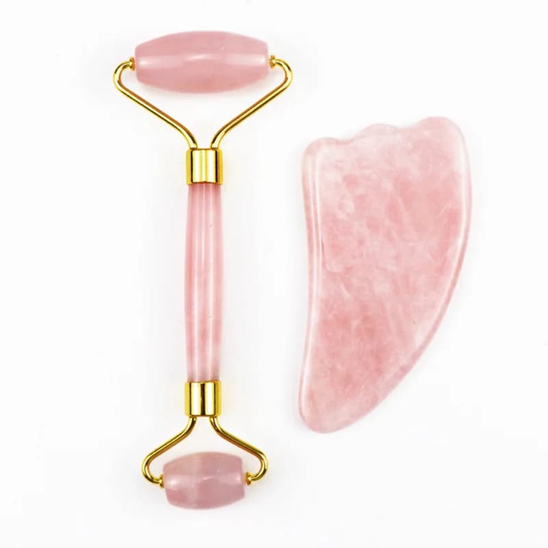 Rouleau de massage en quartz rose et jade + grattoir Gua Sha en pierre naturelle, masseur de cou, dos et visage, outils amincissants et anti-rides 3 en 1