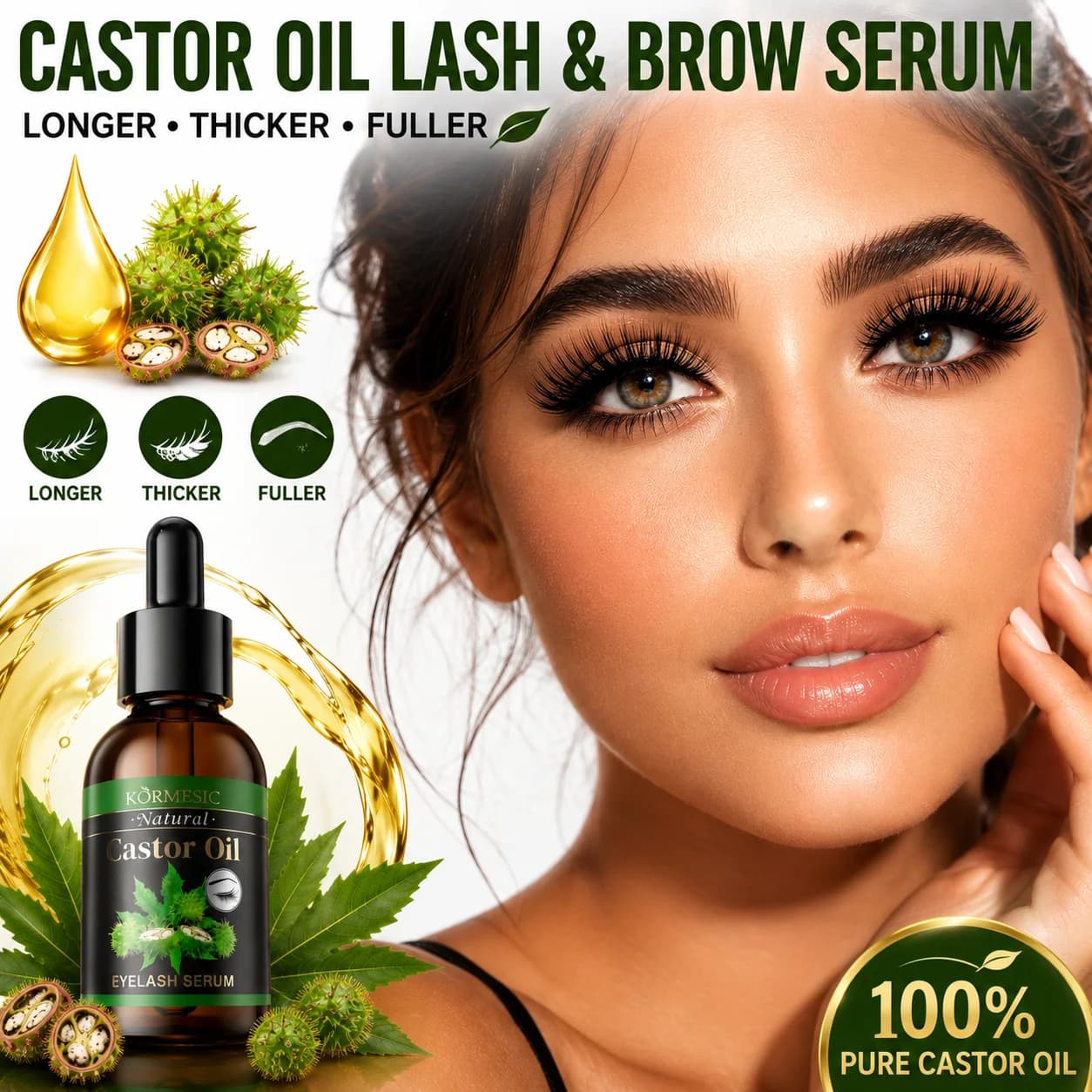 Sérum de croissance des cils à l'huile de ricin, huile de croissance des sourcils, amplificateur de cils, sourcils plus fournis, cils plus longs et plus épais, revitalisant naturel pour les sourcils