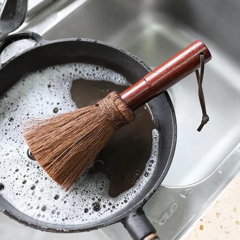 Brosse de nettoyage en soie de palme à manche en bois pour casseroles, antiadhésive, pour cuisinière, vaisselle, poils doux, produits de nettoyage