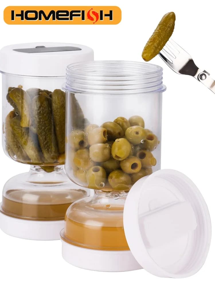 Nouveau pot à olives et cornichons avec passoire, pot sablier avec passoire, récipient à cornichons à couvercle rabattable pour un stockage hermétique des aliments